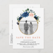 Navy Blue Blush Pink Rose Boho Save the Date Aankondigingskaart (Voorkant / Achterkant)