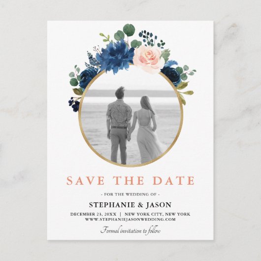 Navy Blue Blush Pink Rose Boho Save the Date Aankondigingskaart (Voorkant)