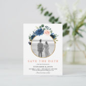 Navy Blue Blush Pink Rose Boho Save the Date Aankondigingskaart (Staand voorkant)