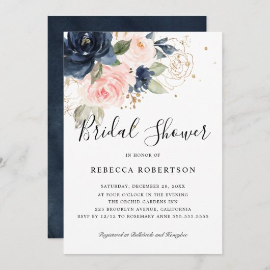 Navy Blue Blush Pink Rose Boho Vrijgezellenfeest Kaart (Voorkant / Achterkant)