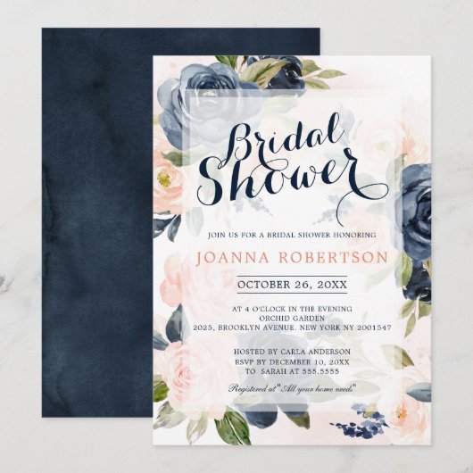 Navy Blue Blush Pink Rose Boho Vrijgezellenfeest Kaart (Voorkant / Achterkant)