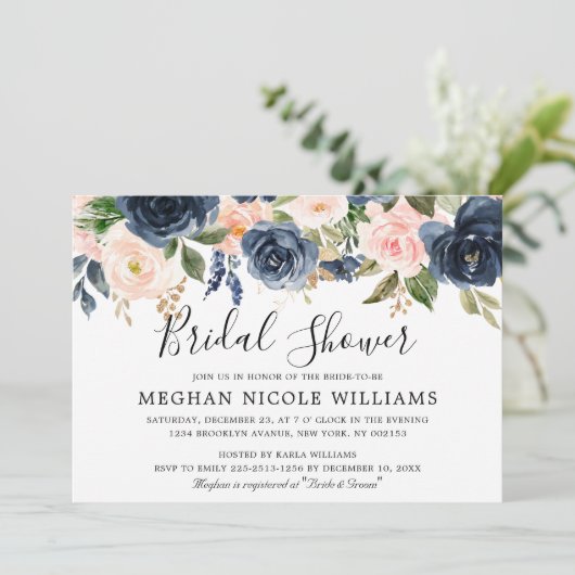 Navy Blue Blush Pink Rose Boho Vrijgezellenfeest Kaart (Staand voorkant)