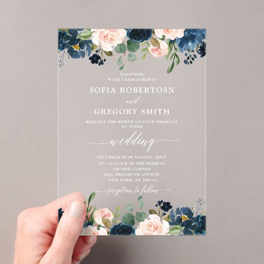 Navy Blue Blush Pink Rose Boho Wedding Acryl Uitnodigingen (Insitu (Draagbaar))