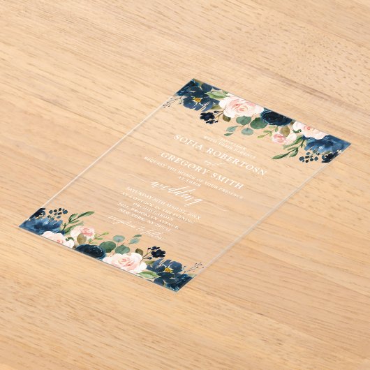 Navy Blue Blush Pink Rose Boho Wedding Acryl Uitnodigingen (Laagn)