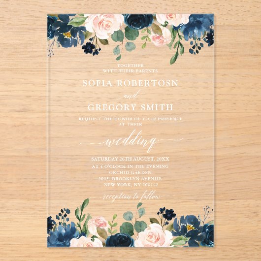 Navy Blue Blush Pink Rose Boho Wedding Acryl Uitnodigingen (Voorkant)