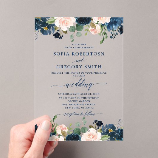Navy Blue Blush Pink Rose Boho Wedding Acryl Uitnodigingen (Insitu (Draagbaar))