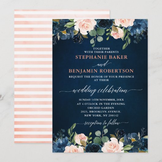Navy Blue Blush Pink Rose Boho Wedding Invitation Kaart (Voorkant / Achterkant)