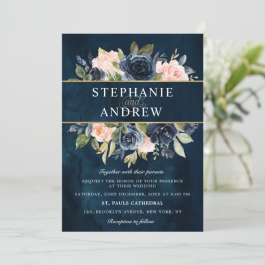 Navy Blue Blush Pink Rose Boho Wedding Kaart (Staand voorkant)