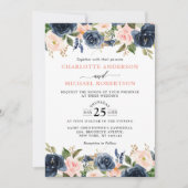 Navy Blue Blush Pink Rose Boho Wedding Kaart (Voorkant)