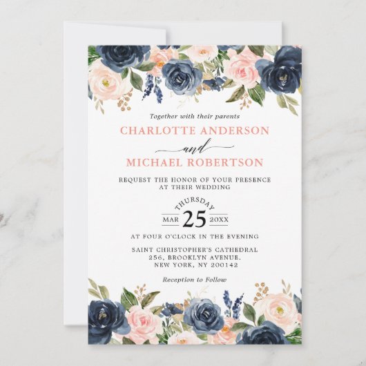 Navy Blue Blush Pink Rose Boho Wedding Kaart (Voorkant)