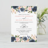 Navy Blue Blush Pink Rose Boho Wedding Kaart (Staand voorkant)