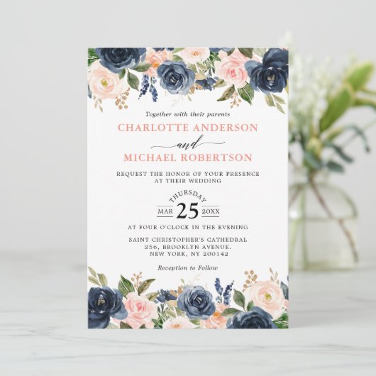 Navy Blue Blush Pink Rose Boho Wedding Kaart (Staand voorkant)