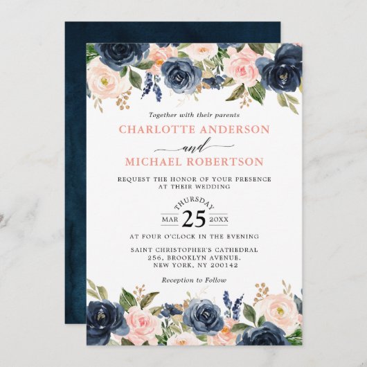 Navy Blue Blush Pink Rose Boho Wedding Kaart (Voorkant / Achterkant)