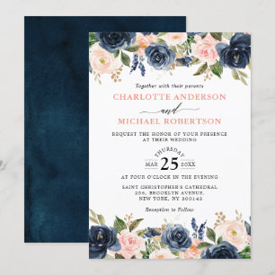 Navy Blue Blush Pink Rose Boho Wedding Kaart