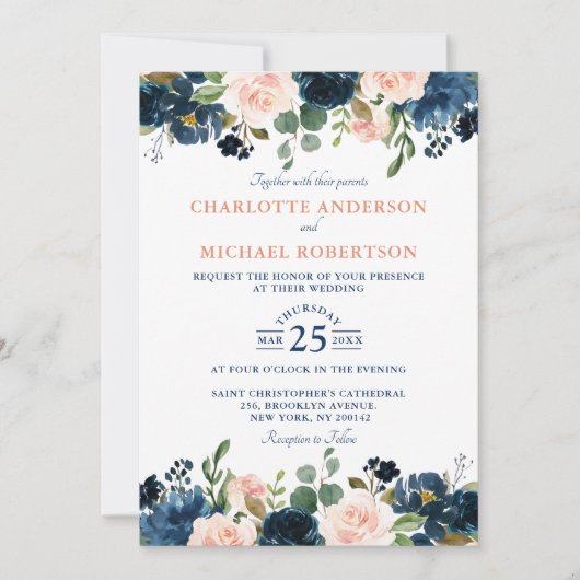 Navy Blue Blush Pink Rose Boho Wedding Kaart (Voorkant)