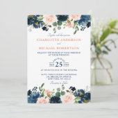 Navy Blue Blush Pink Rose Boho Wedding Kaart (Staand voorkant)
