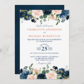 Navy Blue Blush Pink Rose Boho Wedding Kaart (Voorkant / Achterkant)