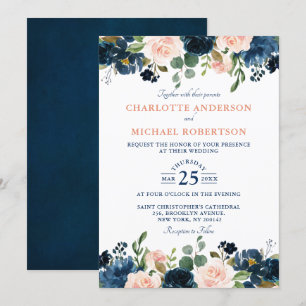 Navy Blue Blush Pink Rose Boho Wedding Kaart