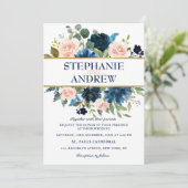 Navy Blue Blush Pink Rose Boho Wedding Kaart (Staand voorkant)