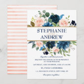 Navy Blue Blush Pink Rose Boho Wedding Kaart (Voorkant / Achterkant)