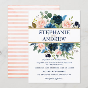 Navy Blue Blush Pink Rose Boho Wedding Kaart