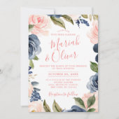 Navy Blue Blush Pink Rose Boho Wedding Kaart (Voorkant)