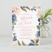 Navy Blue Blush Pink Rose Boho Wedding Kaart (Staand voorkant)