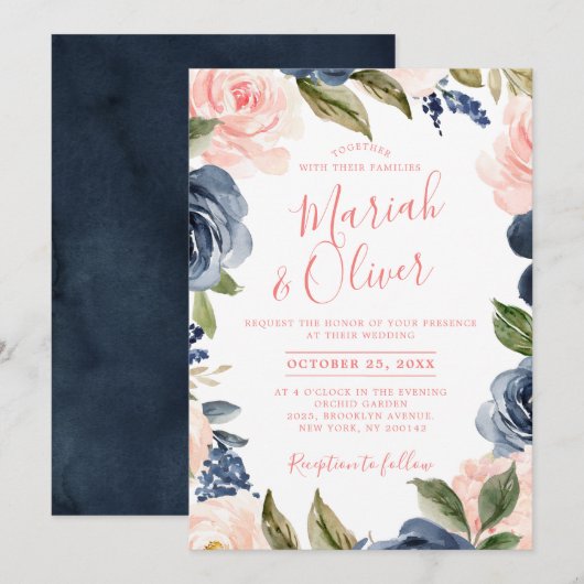 Navy Blue Blush Pink Rose Boho Wedding Kaart (Voorkant / Achterkant)