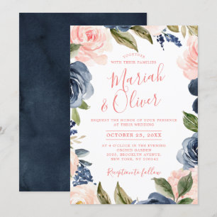 Navy Blue Blush Pink Rose Boho Wedding Kaart