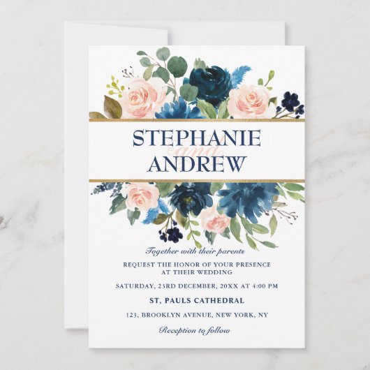 Navy Blue Blush Pink Rose Boho Wedding Kaart (Voorkant)