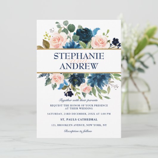 Navy Blue Blush Pink Rose Boho Wedding Kaart (Staand voorkant)