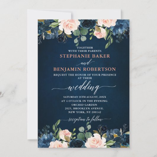 Navy Blue Blush Pink Rose Boho Wedding Kaart (Voorkant)