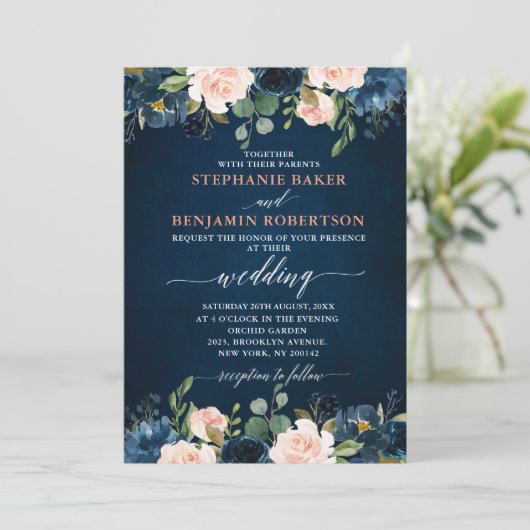 Navy Blue Blush Pink Rose Boho Wedding Kaart (Staand voorkant)