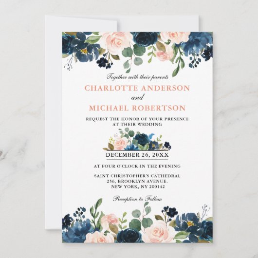Navy Blue Blush Pink Rose Boho Wedding Kaart (Voorkant)