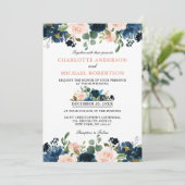 Navy Blue Blush Pink Rose Boho Wedding Kaart (Staand voorkant)
