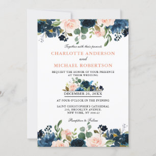Navy Blue Blush Pink Rose Boho Wedding Kaart