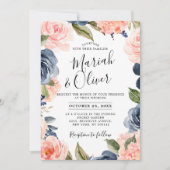Navy Blue Blush Pink Rose Boho Wedding Kaart (Voorkant)