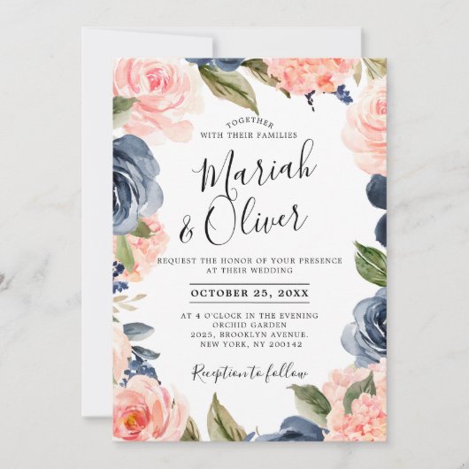 Navy Blue Blush Pink Rose Boho Wedding Kaart (Voorkant)