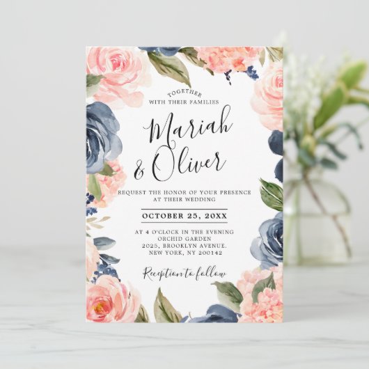 Navy Blue Blush Pink Rose Boho Wedding Kaart (Staand voorkant)