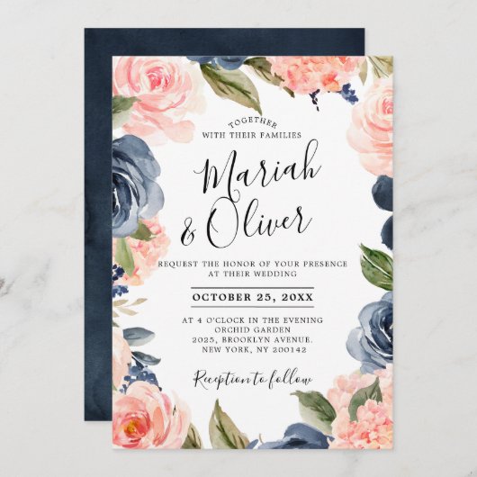 Navy Blue Blush Pink Rose Boho Wedding Kaart (Voorkant / Achterkant)