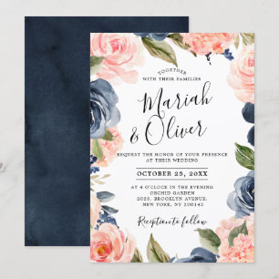 Navy Blue Blush Pink Rose Boho Wedding Kaart