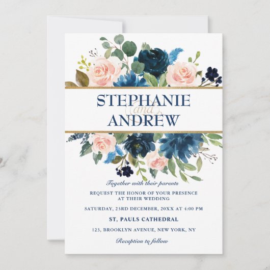 Navy Blue Blush Pink Rose Boho Wedding Kaart (Voorkant)