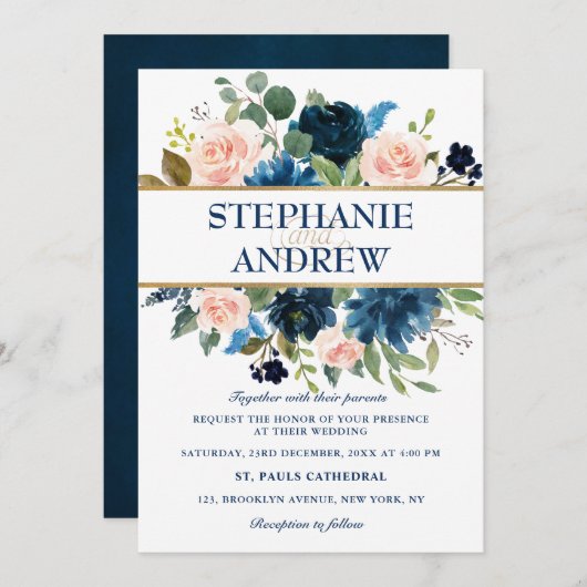 Navy Blue Blush Pink Rose Boho Wedding Kaart (Voorkant / Achterkant)