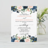 Navy Blue Blush Pink Rose Boho Wedding Kaart (Staand voorkant)