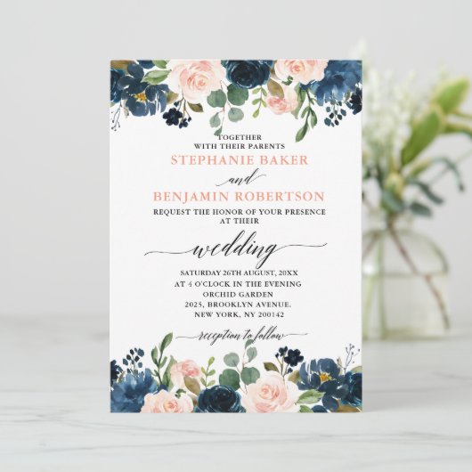 Navy Blue Blush Pink Rose Boho Wedding Kaart (Staand voorkant)
