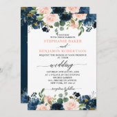 Navy Blue Blush Pink Rose Boho Wedding Kaart (Voorkant / Achterkant)