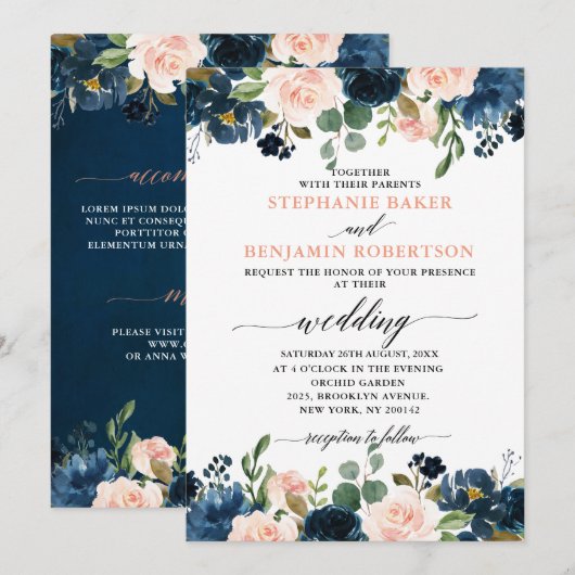 Navy Blue Blush Pink Rose Boho Wedding Kaart (Voorkant / Achterkant)