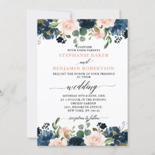 Navy Blue Blush Pink Rose Boho Wedding Kaart