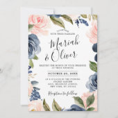 Navy Blue Blush Pink Rose Boho Wedding Kaart (Voorkant)