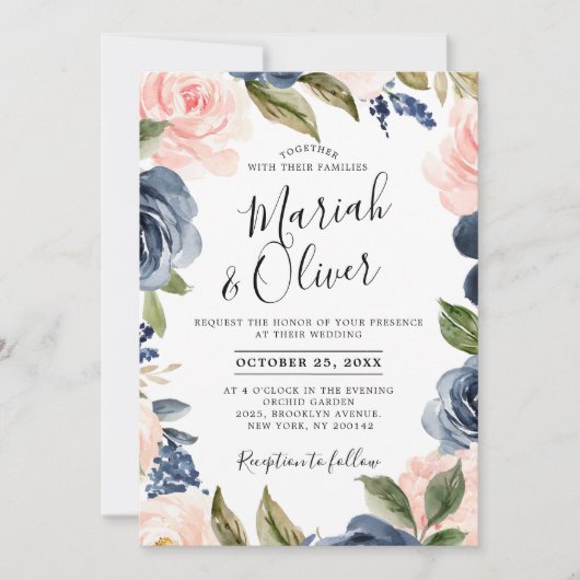 Navy Blue Blush Pink Rose Boho Wedding Kaart (Voorkant)